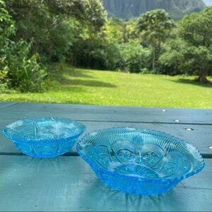 Blue Glass Serving Bowls Set Of 2 Snowflakes Stars Ruffled Rim Vintage